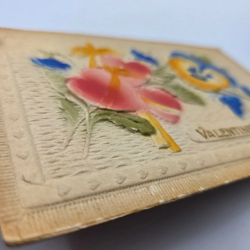 Vintage Valentine Greetings Postcard Embossed Pansy Heart Flowers Made in USA